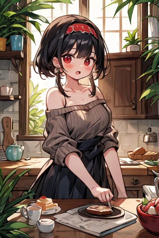 masterpiece, yor, 1girl, Amazing Cleavage:1.3, thin waist, big ass, Raised sexy, medium breast: 1.8 posed cleavage:1.2、solo, looking at viewer, open mouth, have a cup of coffee,black hair, red eyes, dress, bare shoulders, jewelry, collarbone, sidelocks, hairband, earrings, indoors, off shoulder, :o, sweater, arms behind back, plant, short hair with long locks, white hairband, off-shoulder dress, sweater dress, off-shoulder sweater, red sweater, big side hair, very long side hair,is rendered in (masterpiece: 1.2, best quality), with (ultra high resolution) and an exquisite (depth of field). This masterpiece is not only visually stunning but also tells, make of cake cooking ,in the kitchen
