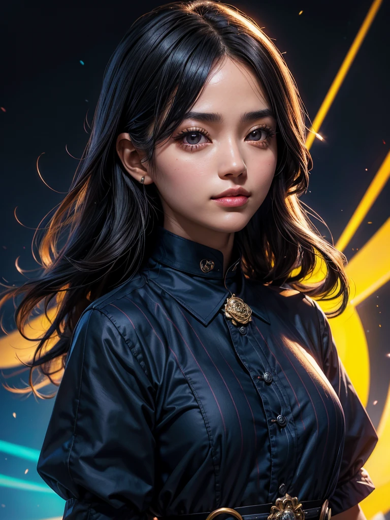Hermosa mujer japonesa, Bonita cara perfecta con piel suave., small face with rose-shaped nose and lips, ojos bonitos, hermosa sonrisa. negro, fine long beautiful hair bathed in a brilliant etheric glow. Capa greige con realce degradado, peinado medio suelto y esponjoso, navy blue shirt with mandarin collar× yellow houndstooth flared skirt, bright neon colorful background, foto de mujer super realista, High quality 8K high resolution masterpiece