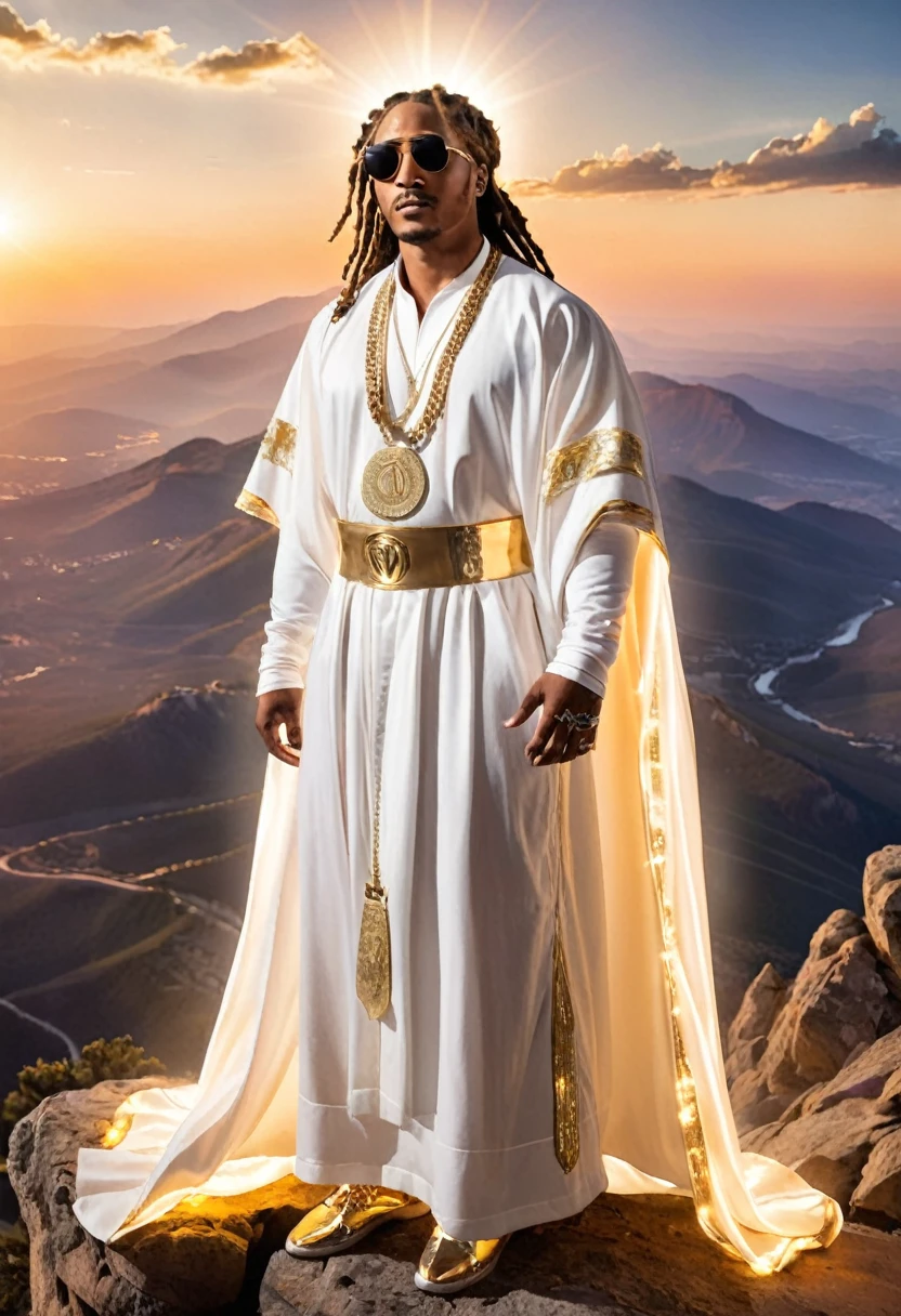 /imagine Create an image of rapper Future depicted as a biblical prophet on a mountaintop, wearing flowing robes, with light shining down upon him, in a holy and divine setting.