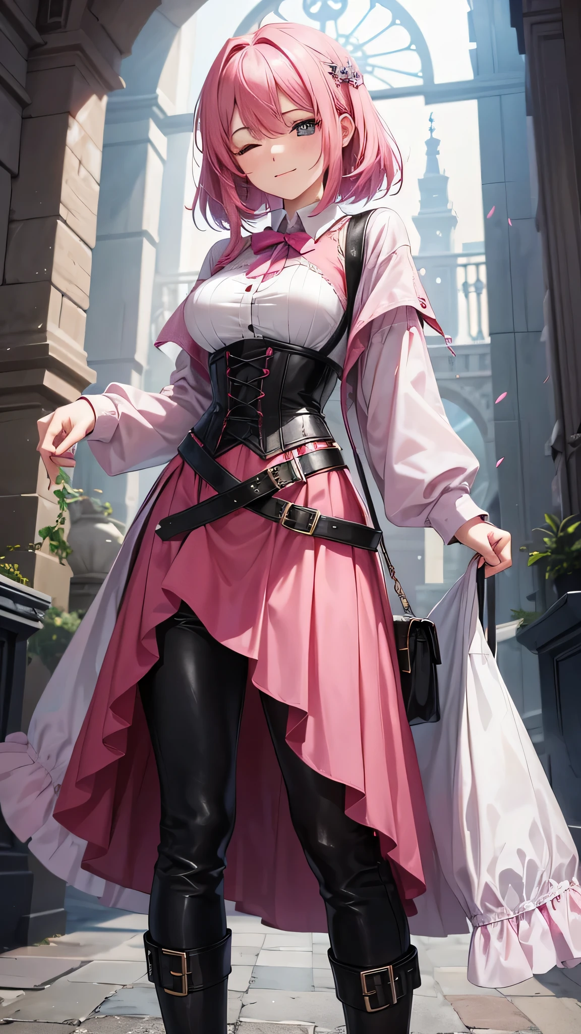A young 16 year old WOMAN with vibrant pink hair, vestida con un abrigo oscuro y una camisa blanca, with a corset and several belts, pantalones cortos negros y medias hasta el muslo, y botas marrones. The woman has her eyes closed and an expression of gratitude and happiness on her face, ropa muy corta y delgada, le agrada mostrar su cuerpo, chica empoderada.