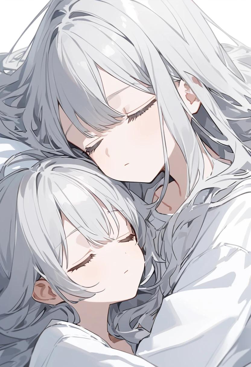blank paper、Girl、Gray Hair、Long Hair、White eye color、All eyes are white、全体的にWhite Girl、White Girl、White background、White Girl、White Room、blank paperのGirl、Emotionless、Expressionless、Sleeping、Eyes closed、Eyes closed