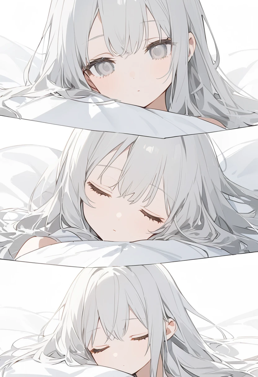blank paper、Girl、Gray Hair、Long Hair、White eye color、All eyes are white、全体的にWhite Girl、White Girl、White background、White Girl、White Room、blank paperのGirl、Emotionless、Expressionless、Sleeping、Eyes closed、Eyes closed
