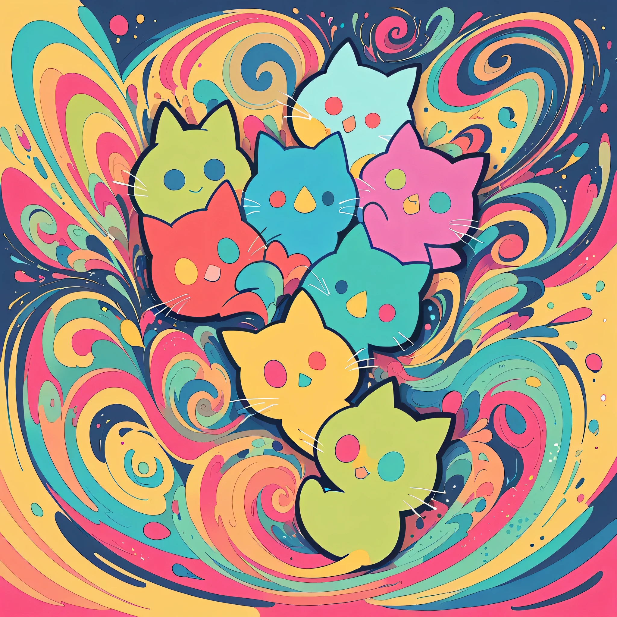 Eri Kamijo style, Simple Line Initialism,Abstract art,Urban Background, colorful kittens ,No people