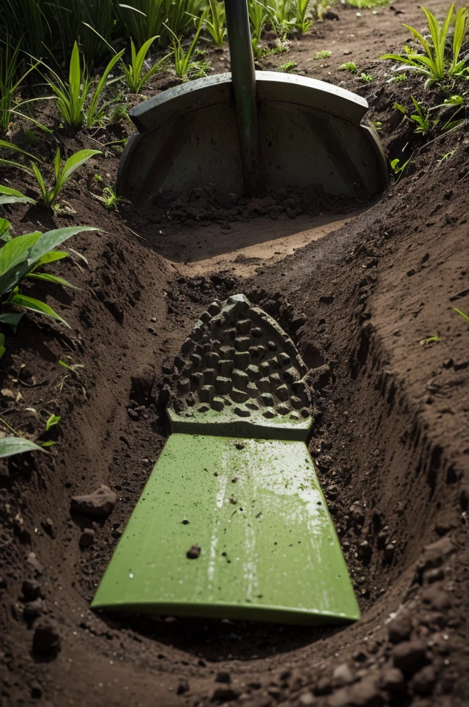 Realistic 2D image Digging shovel lying in a dark, wet earth and the image with dark black tones and a little yellow and green