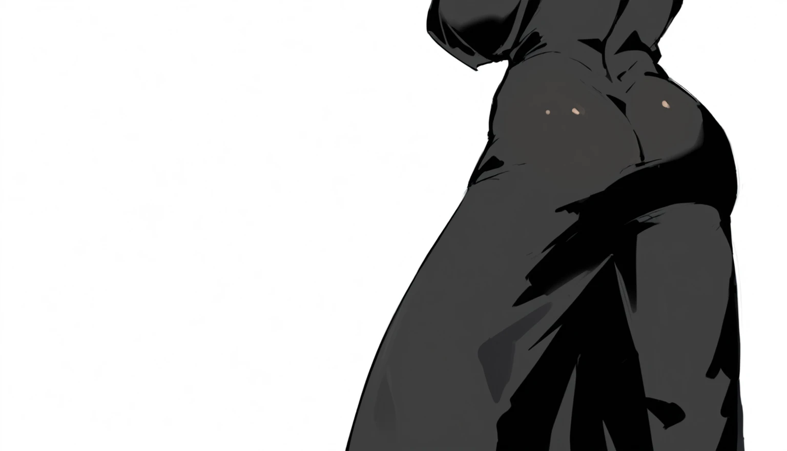 (masterpiece, best quality, high resolution: 1.3), ultra-detailed,Depict in an anime style a close-up of a woman's lower body from the waist to the armpits, facing away from the viewer, wearing a tight-fitting black kimono with a full, rounded buttocks and plump thighs, standing with her legs spread apart, and performing a twisting waist motion that raises one side of the buttocks higher than the other.