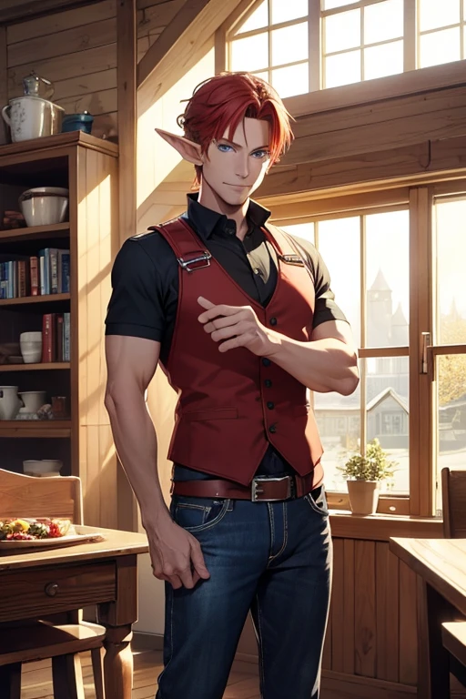High quality very detailed clean image
1man, adult, elf, citizen, crimson red short hair, 50 years old elf, handsome, fair skin, blue eyes, short pointed ears, kind smile, shy demeanor, shy smile, black jeans, blue shirt, husband, beautiful gentleman, viking stailed modern house, viking stailed modern living room, windows, snow streets throught windows,