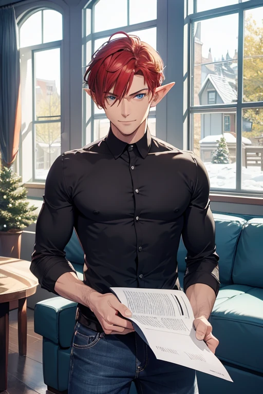 High quality very detailed clean image
1man, adult, elf, citizen, crimson red short hair, 50 years old elf, handsome, fair skin, blue eyes, short pointed ears, kind smile, shy demeanor, shy smile, black jeans, blue shirt, husband, beautiful gentleman, viking stailed modern house, viking stailed modern living room, windows, snow streets throught windows,