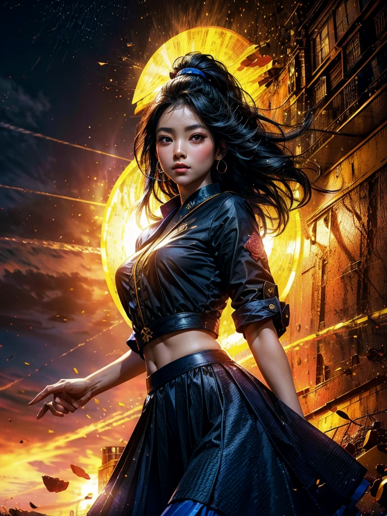 Hermosa mujer japonesa, Bonita cara perfecta con piel suave., small face with rose-shaped nose and lips, ojos bonitos, hermosa sonrisa. negro, fine long beautiful hair bathed in a brilliant etheric glow. Capa greige con realce degradado, peinado medio suelto y esponjoso, navy blue shirt with mandarin collar× yellow houndstooth flared skirt, bright neon colorful background, foto de mujer super realista, High quality 8K high resolution masterpiece