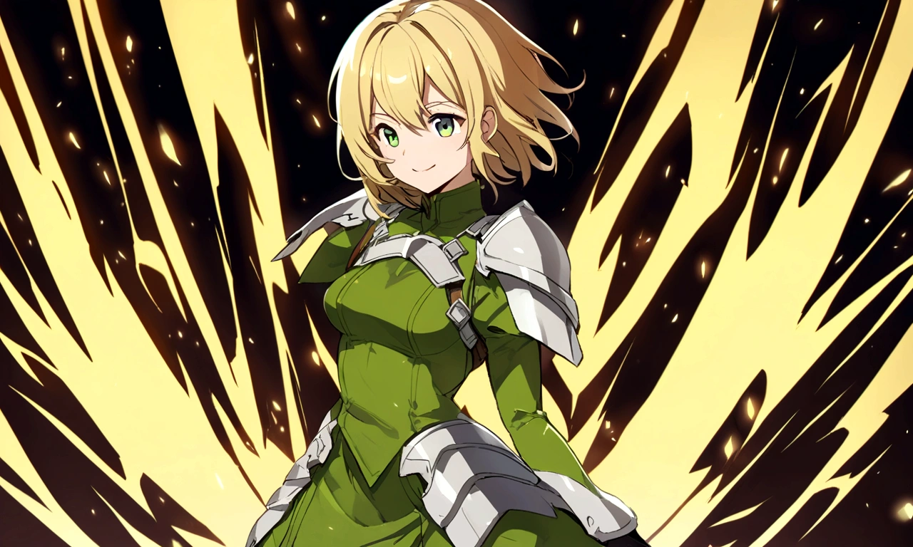 female Green clothes Short Hair Blonde anime smile battle knight