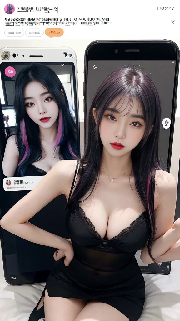  (high quality), (SFW), (vertical split screen:1.6), (Various scans:1.5),  (A mature prostitute enjoying a smartphone chat app with numerous Korean adult men. : 1.6), (The girl has colorful dyed hair and pretty face makeup : 1.4), (She wears a feminine dress and stockings, Sitting on bed wearing strappy high heels and chatting with several men online..), Her smartphone display shows the numbers of Korean adult men., who asked a girl to chat?., Chat language is English., The man is waiting for her answer, Each pop-up window was shown., chat history, Online Profiles and Photos, And the man is asking her to chat on the smartphone screen.. He and she take turns messaging on a chat app., her time is night,