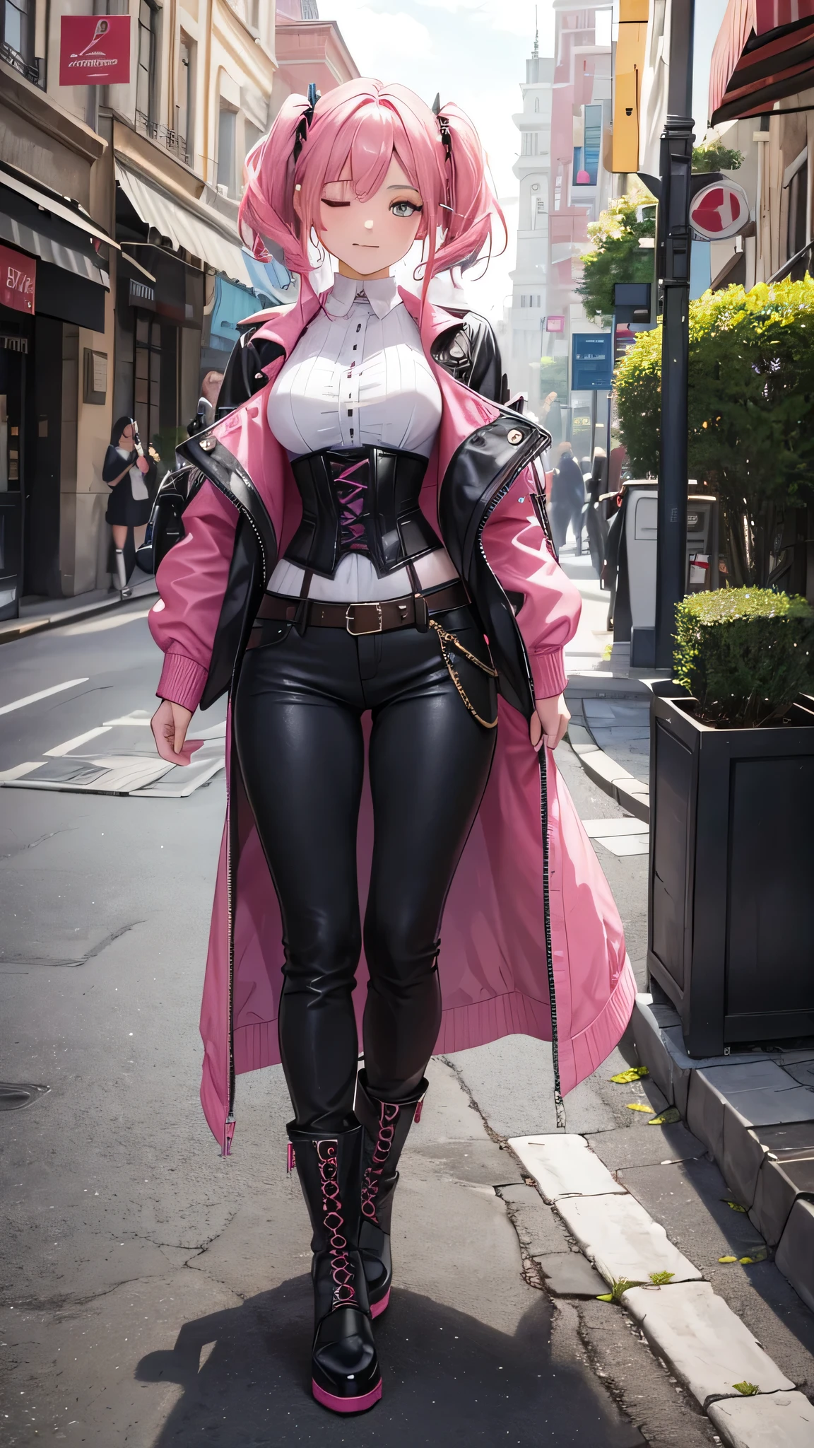 A young 16 year old girl with vibrant pink hair, vestida con un abrigo oscuro y una camisa blanca, with a corset and several belts, pantalones cortos negros y medias hasta el muslo, y botas marrones. The woman has her eyes closed and an expression of gratitude and happiness on her face, ropa muy corta y delgada, le agrada mostrar su cuerpo, chica empoderada, le gusta mostrar su hermoso cuerpo sexualizado porque es muy bella.