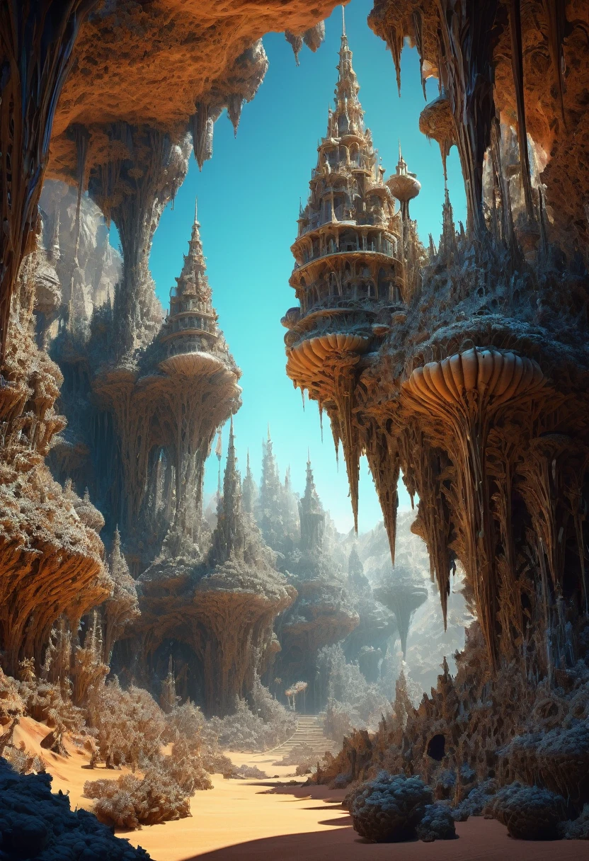 hay muchas cavidades invertidas (diferentes habitaciones, unidas por salientes de mandelbulb que forman pasadizos) in the middle of an underground canyon that makes up a mandelbulb mud village at different heights with many balconies and stalactites and stalactites, fantasy architecture, Arte digital 4k muy detallado, beautiful detailed fantasy, stunning fantasy landscape, detailed fantasy digital art, arstation y pitido altamente, fantasy style octane 8k rendering, stuning fantasy 3d rendering, 4k detail fantasy, fantasy 3d rendering, pitido de renderizado 3D, deep masive desert landscape, stalacmite cave laberinto very confuse type geonosis bubbes