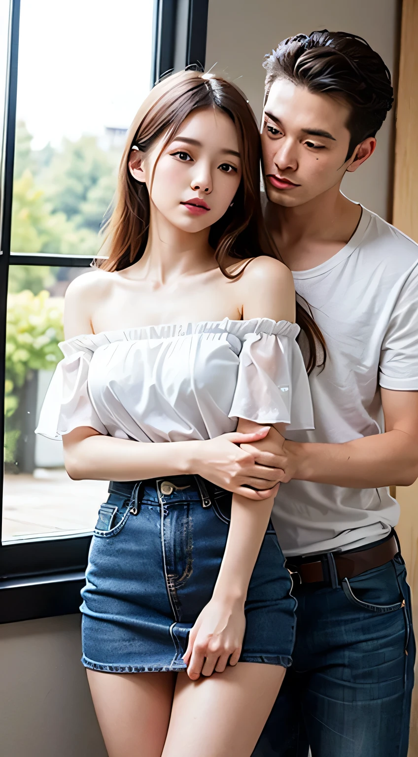 masterpiece,highest quality,Advanced Details,1 male,1 female,((Vacant rooms:1.4))、((Japanese woman with straight medium-long hair:1.4)),18-year-old female:1.7、((A woman wearing a white chiffon short-sleeved off-the-shoulder shirt and a denim miniskirt:1.4)),Japanese middle-aged 1 male,Black Haired Man,That man is very handsome:1.7,((A man touches a woman's head:1.4)),That woman is short,The man is tall,((Woman with sad expression:1.4))、((They are both standing in the Vacant Rooms.:1.5))、Women play a leading role、Women are skinny,Small breasted women、