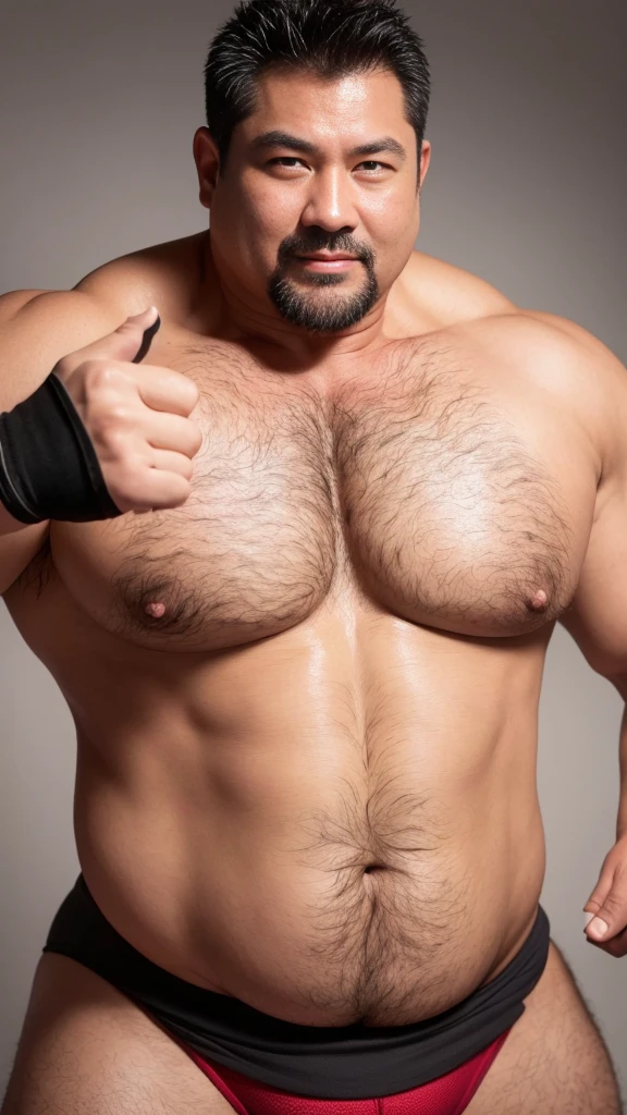 black hair, middle-aged man, individual, male, Muscular wrestler, muscular, Stout wrestler, Asian, Japanese, uncle, 55 year old middle-aged man, short hair, short hair, red wrestling boots, full body portrait, shadow, Vision, red briefs, obesity, 45 years old, short beard, middle-aged man, tattoo, fingerless gloves, Wheat skin, shiny skin, dark skin, Show your pectoral muscles, sumo wrestler, bodybuilder, wide temples, Visible abdominal muscles, Smile, Fine hands, solid color background, pure white background, Surrealism, Panorama, 8k, super detail，