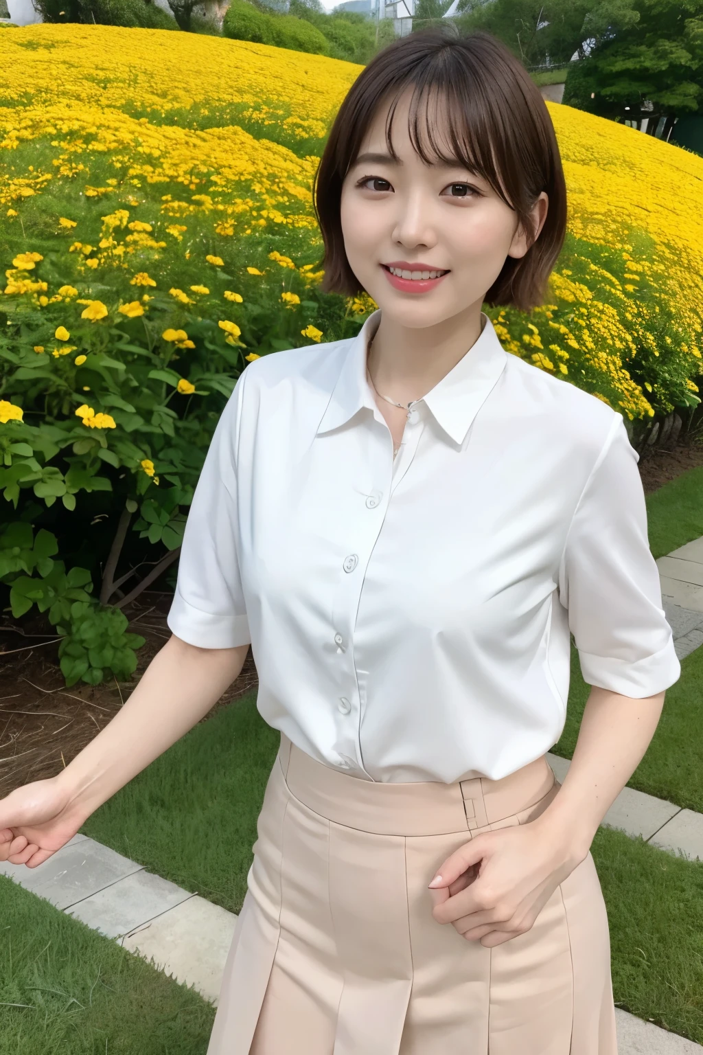 NSFW, 8k RAW photos, highest quality, masterpiece, Ultra-high resolution, Film Grain, movie, 1 Girl, Watching the audience, Natural skin texture, Realistic eyes and facial details, full 唇, Lip tick, (compensate), Red eyeshadow, Fluffy short hair, Messy Hair, smile, Close your mouth, beautiful foot, Tall Woman, skinny, slim_foot, alone, Cleavage, Pose with your butt facing towards yourself, Super short skirt, teeth, shirt, Beautiful natural location, Around the flower place, (Detailed Background), Check pattern skirt, white shirt, Show, (Gentle, goddess-like eyes:1.2), (happiness:1.2), (Lip gloss, eyelash, Gloss Face, Ultra-high resolution, Natural Shading)