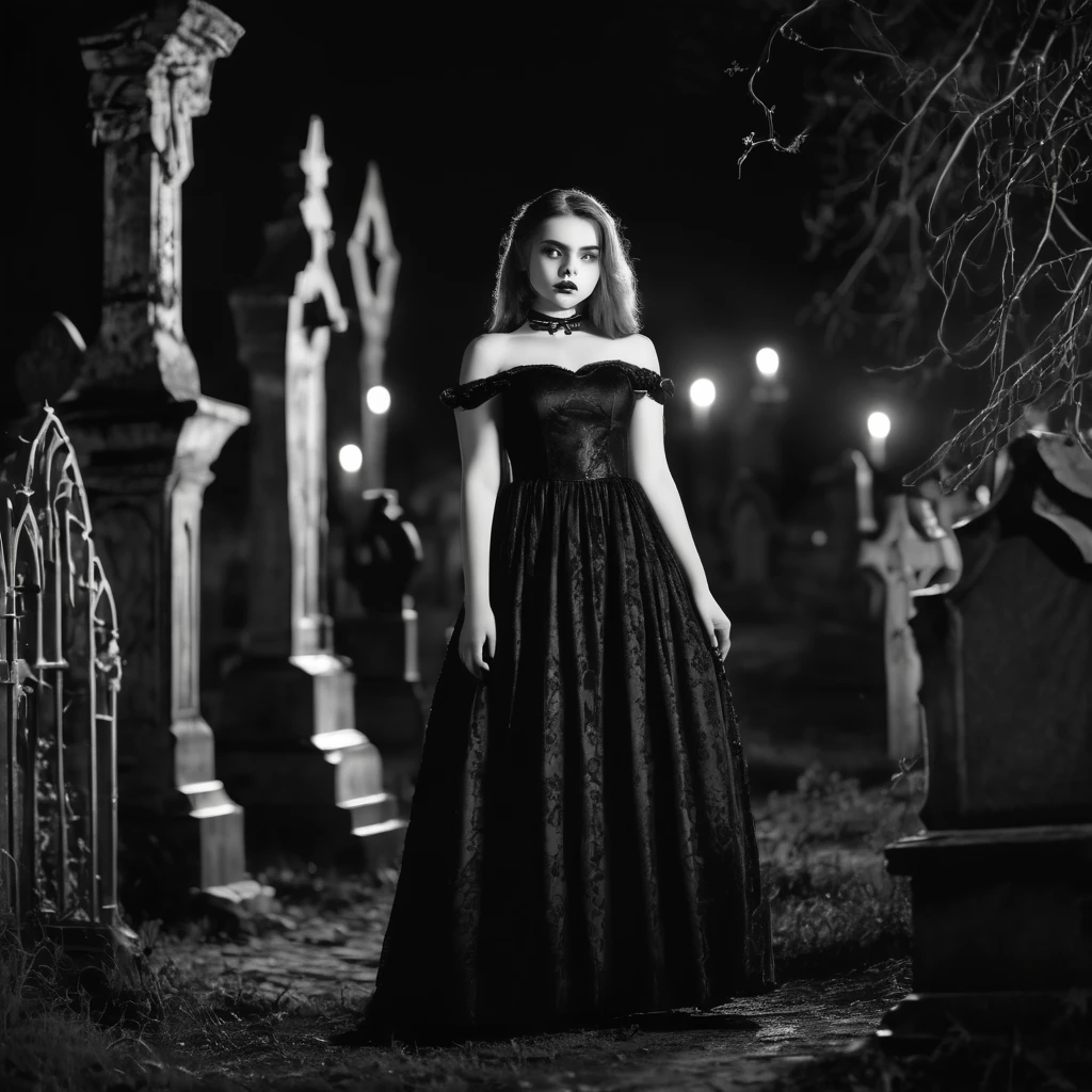 A bit chubby charming pale polish teen girl wears a Black shoulderless gothic dress on the spooky graveyard at night. Retro movie style. Black and white