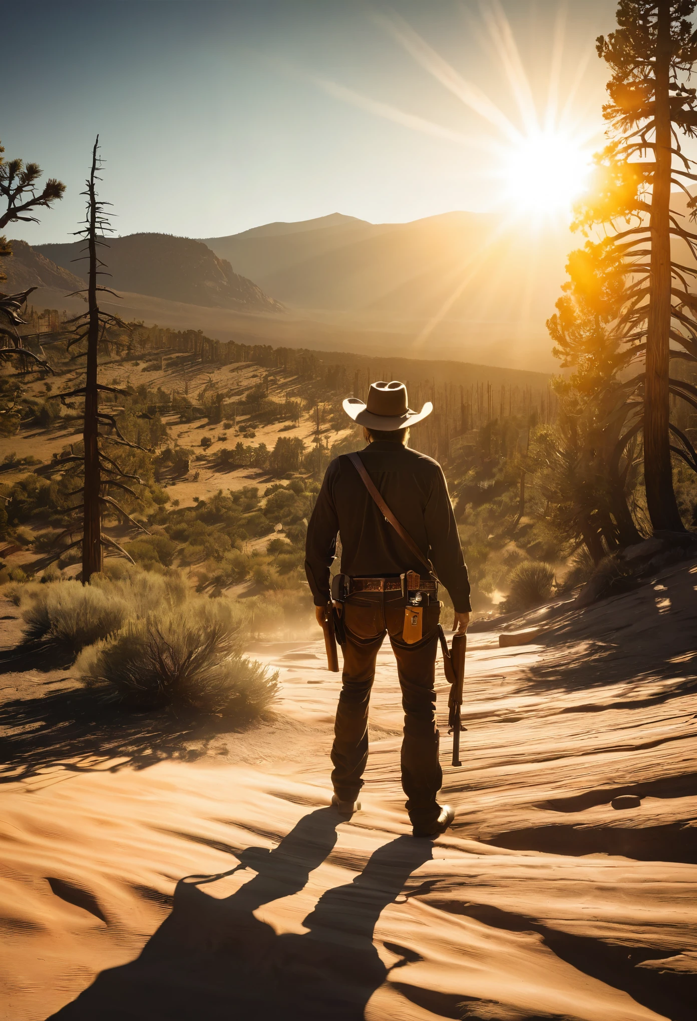 Back View, Western wilderness, gunman, and scorching sun,