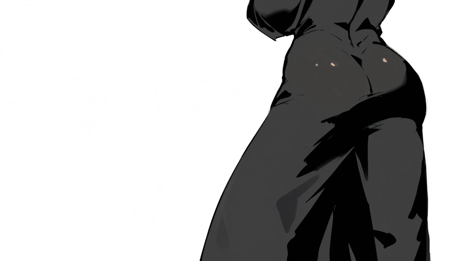 (masterpiece, best quality, high resolution: 1.3), ultra-detailed,Depict in an anime style a close-up of a woman's lower body from the waist to the armpits, facing away from the viewer, wearing a tight-fitting black kimono with a full, rounded buttocks and plump thighs, standing with her legs spread apart, and performing a twisting waist motion that raises one side of the buttocks higher than the other.