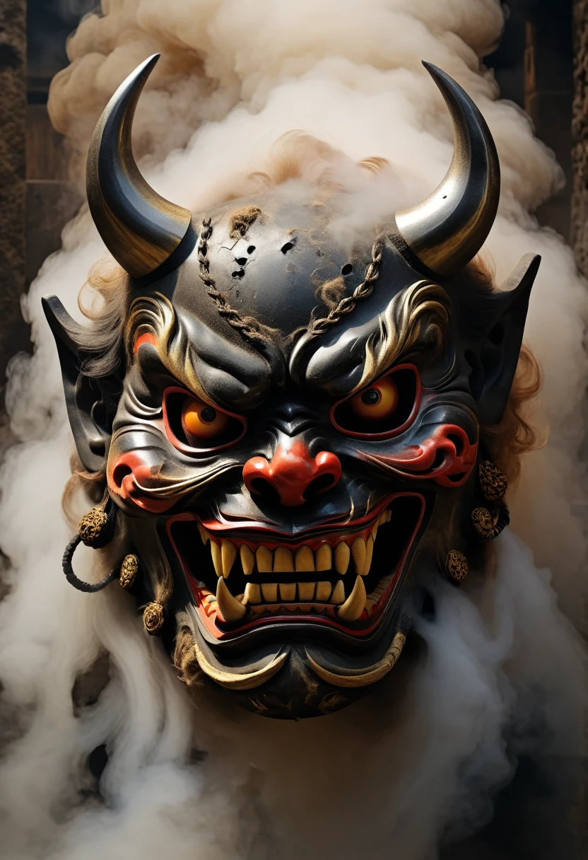 Japanese demon mask, Japan ancient style, pele feita de pedra, detalhes realistas, misterioso, misterioso, 8k resolution, visuais impressionantes, ultra-detalhado, foto realista, smoke around, mechanic
