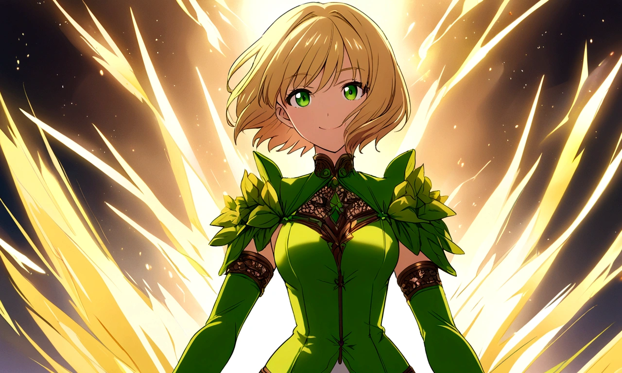 female Green clothes Short Hair Blonde anime smile In combat knight