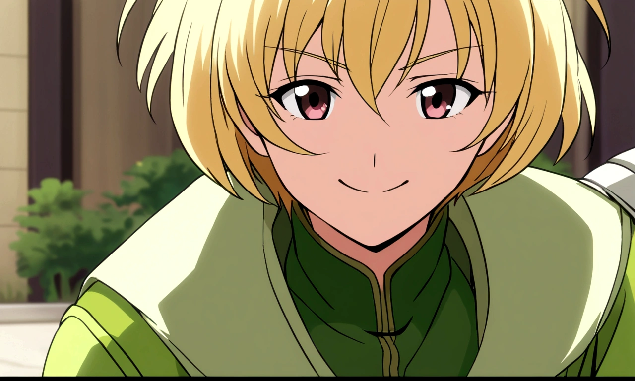 female　Green clothes　Short Hair　Blonde　anime　smile　In combat　knight