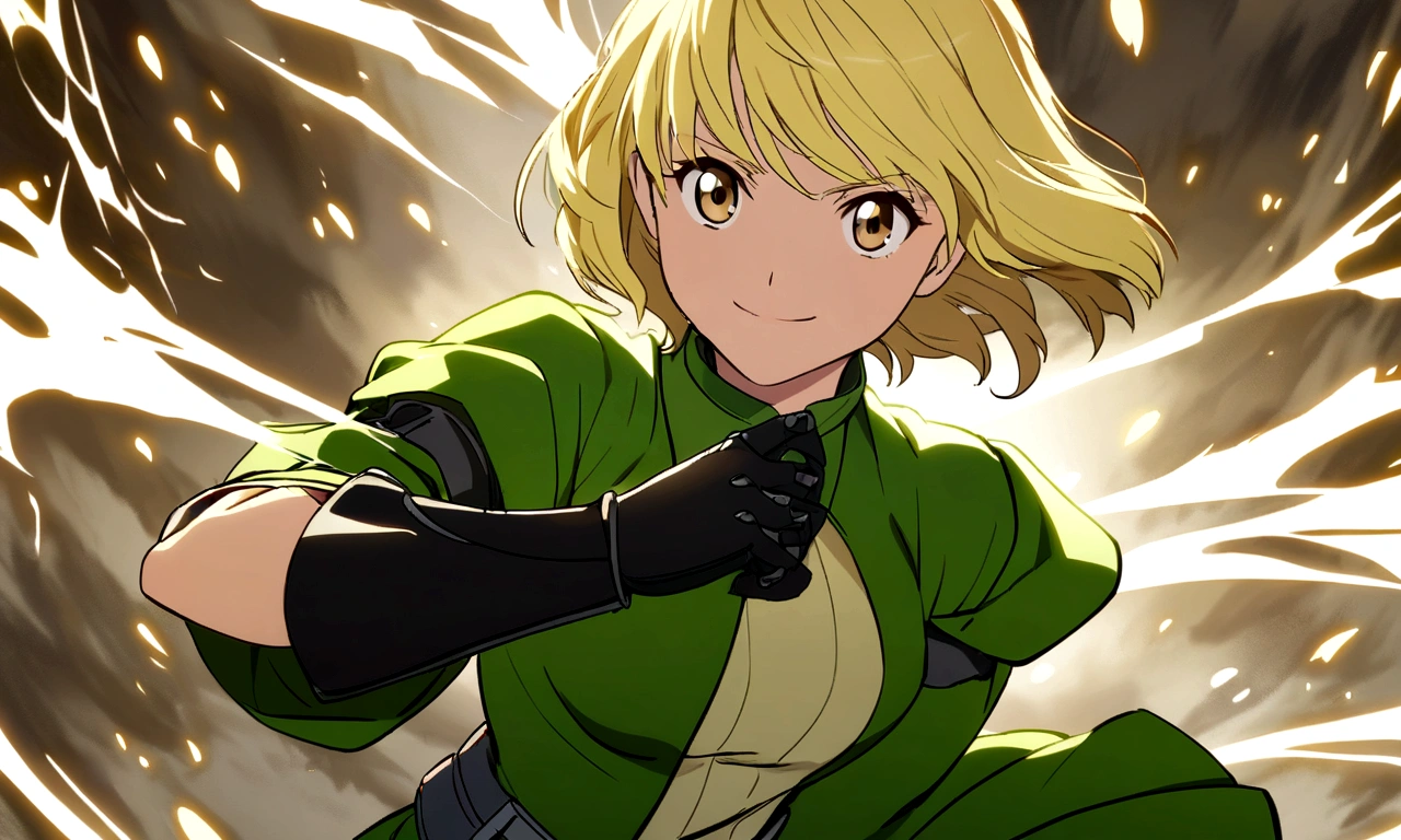 female Green clothes Short Hair Blonde anime smile In combat knight