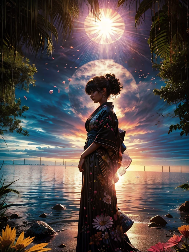 1 chica,pelo negro, pelo flotante, playa,escenario,paisaje,Flores de cerezo, petals falling, rayo de sol,rayos de Dios,parte superior del cuerpo,  COLOR,vestido,KIMONO