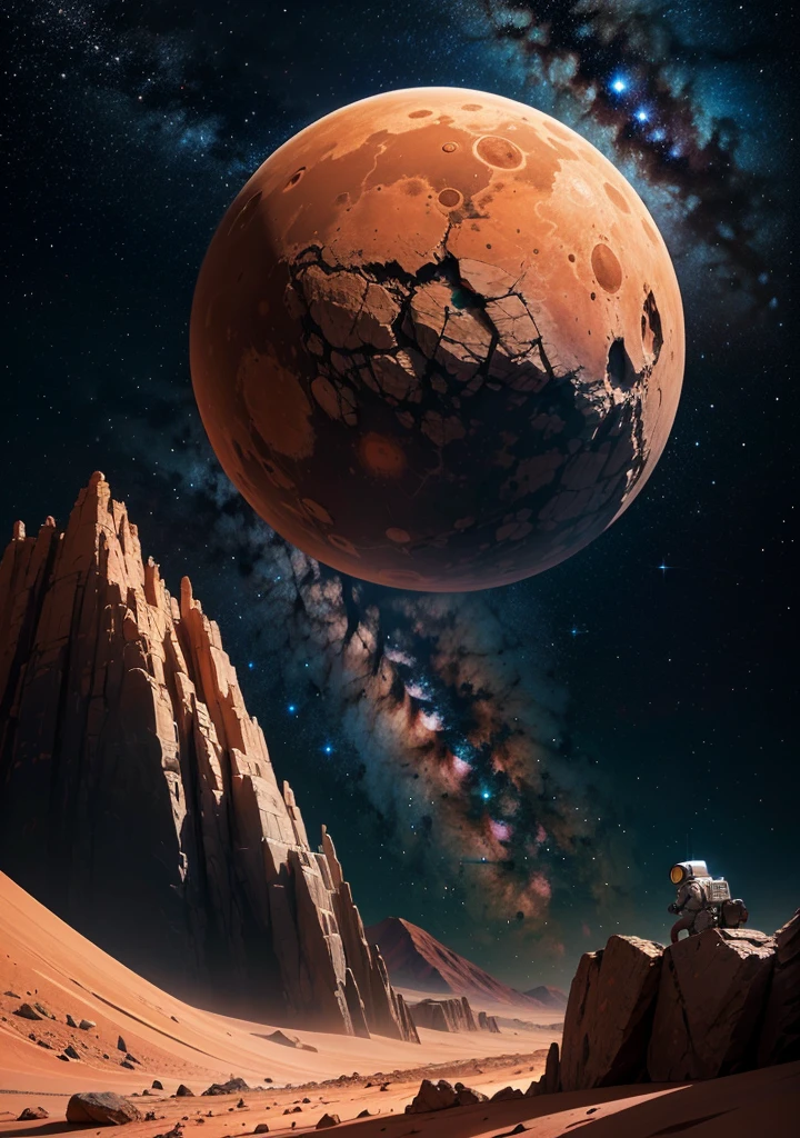 Create a painting of an astronaut on Mars at night, with a backdrop of towering mountains silhouetted against the starry sky. Include intricate details of rocks scattered across the Martian terrain, capturing the serene yet otherworldly beauty of the Red Planet.