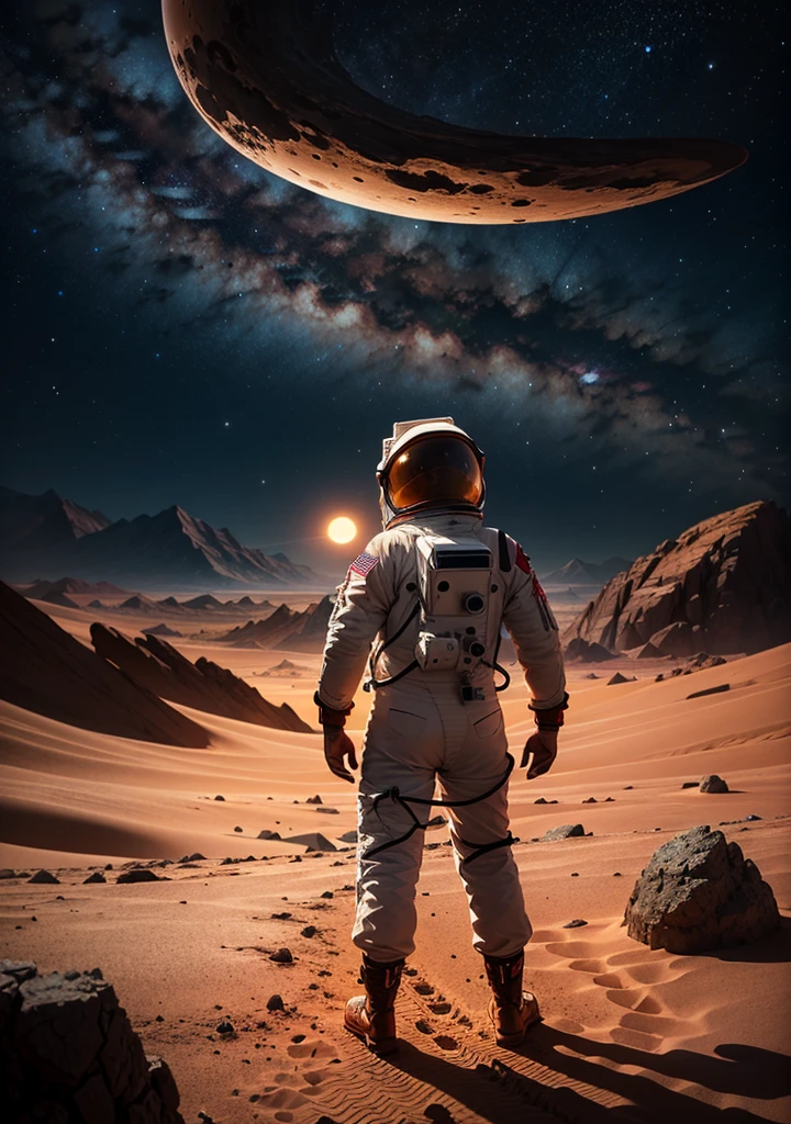 Create a painting of an astronaut on Mars at night, with a backdrop of towering mountains silhouetted against the starry sky. Include intricate details of rocks scattered across the Martian terrain, capturing the serene yet otherworldly beauty of the Red Planet.