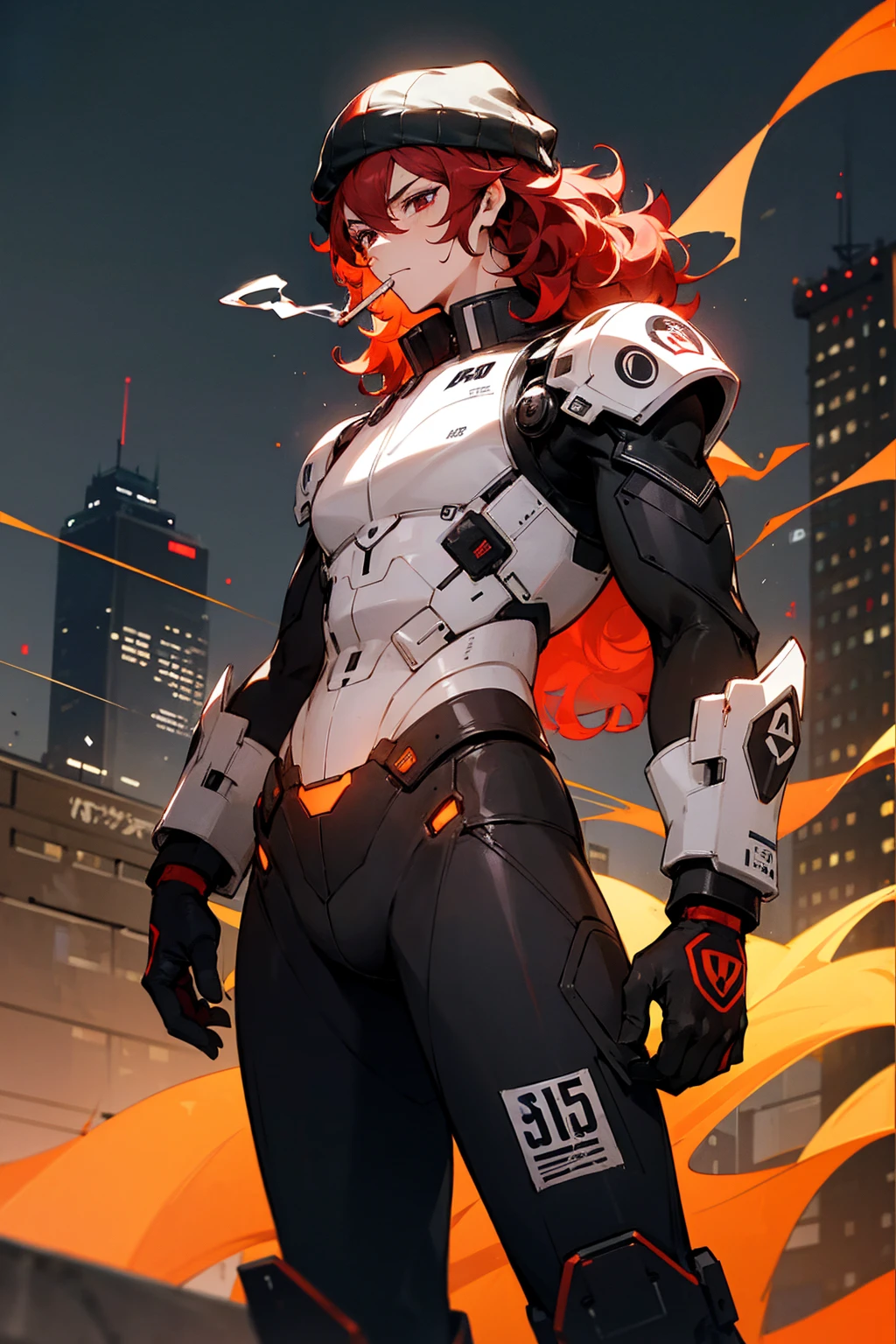 1male, maroon hair, curly hair, beanie, cigarette in mouth, expressionless, fiery tattoos, black and white combat suit, city background, standing on path, hand to the side