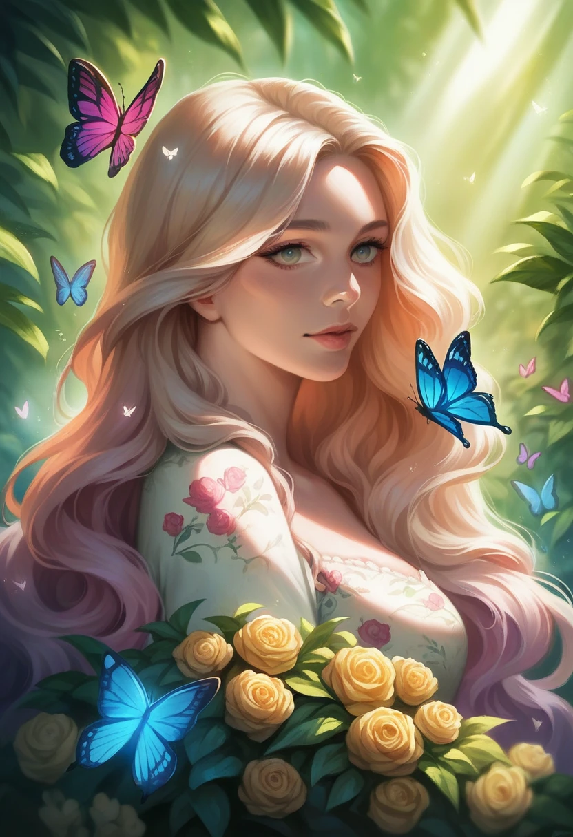 A beautiful young girl in a lush garden, long flowing hair, intricate floral dress, serene expression, surrounded by colorful flowers and butterflies, natural sunlight, detailed facial features, photorealistic, cinematic lighting, vibrant colors, digital art