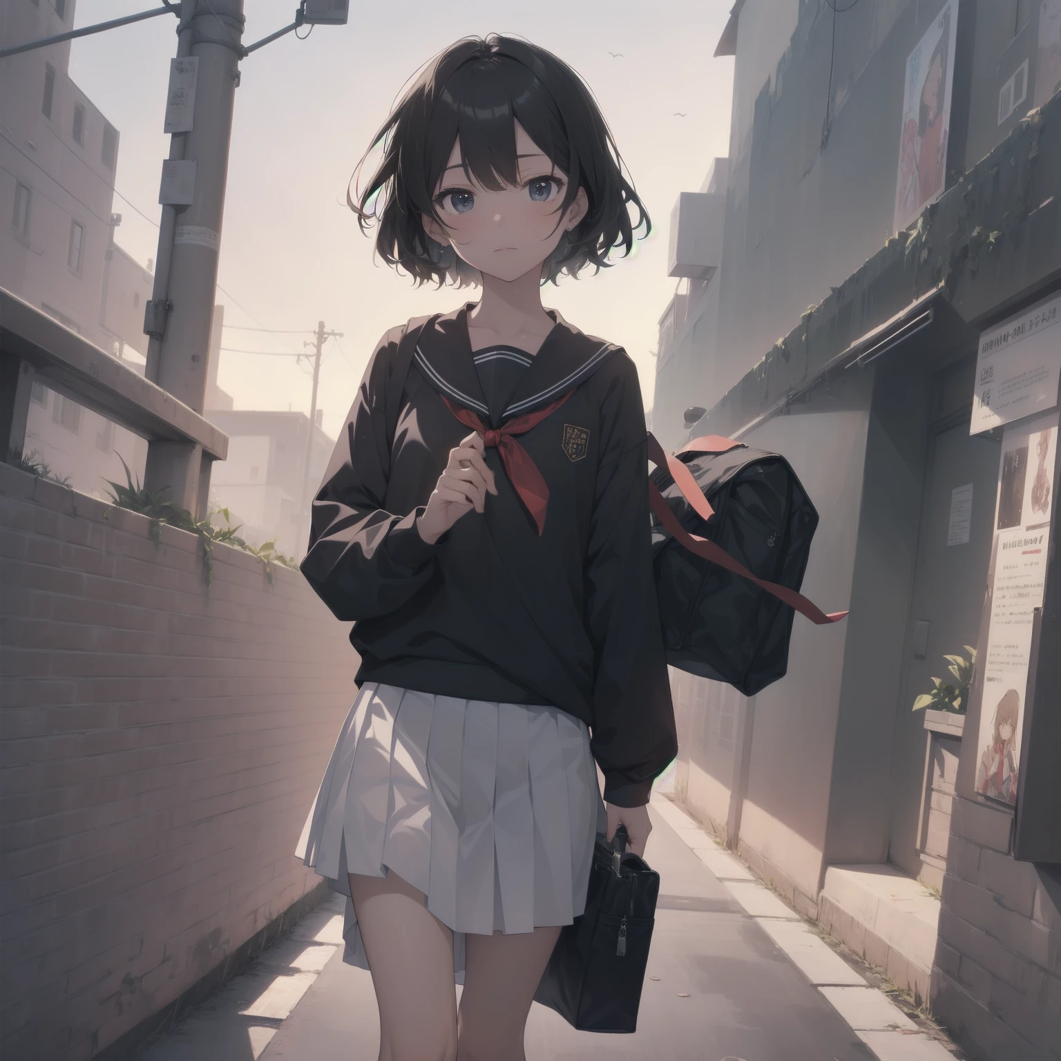ultra-absurdres-Top quality by artist God, ultra-detailed, high resolution, anime moe artstyle, best anime 8k konachan wallpaper, pixiv contest winner, pool:2810, perfect anatomy,break, 1girl, (Please draw a girl walking sleepily to school alone. )break,(Solo,little female, 13-year-old:1.3),Full limbs, complete fingers,a junior high school student, (very short hair), short cut, flat chest, , small butt, small black eyes, beautiful detailed eyes, well-proportioned iris and pupils, expressive eyes, highres detailed hair, soft expression, salor school_uniform, sailor collar, serahuku, bow, pleated skirt,(Detailed Lighting), (Detailed background), in the School commute route. break,super detailed skin, Best cinematic lighting powered by famous artist, 8k,beauty illustration,photoshop_(medium),very aesthetic,break,((artist:neocoill )), artist:clamp ,artist:carnelian ,artist:kantoku ,