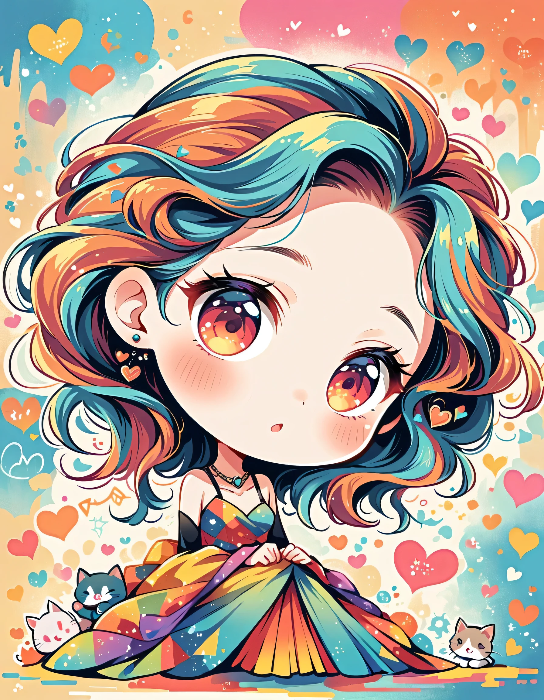 Eri Kamijo style, Simple Line Initialism，Abstract art，Urban Background, colorful hearts ,(((The most beautiful girl of all time))), (((chibi))), kittens