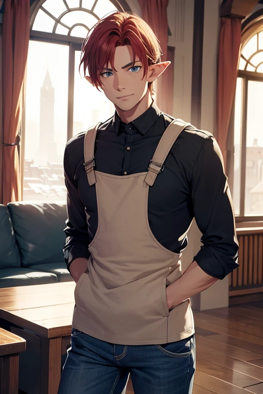 High quality very detailed clean image
1man, adult, elf, citizen, crimson red short hair, 50 years old elf, handsome, fair skin, blue eyes, short pointed ears, sweet personality, shy demeanor, shy smile, black jeans, blue shirt, husband, beautiful gentleman, viking stailed modern house, viking stailed modern living room, windows, snow streets throught windows,