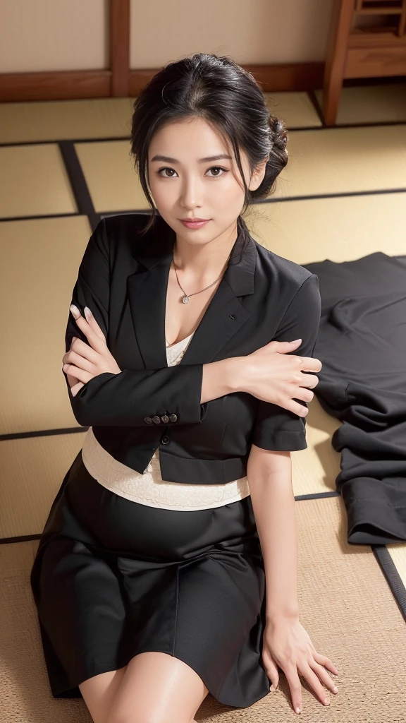 ((1 female,The most beautiful face in Japan,40 years,Old faces,,There are wrinkles at the corners of the eyes,Pregnant,pregnant,perfect air chamber,Looking at the camera,Check it out here)),((((Black shirt,Black Blazer,Black skirt,Black mourning dress)))),((Pearl Necklace,elegant hairstyle,Natural makeup,The chest is very protruding,smile here,lowered eyebrows,Drooping eyebrows,Look at them with cute expressions,Sitting in a Japanese style room,Japanese-style tatami room,Masashi,,Academy Building,Sitting on a mat in a Japanese room,Looking at the camera,look at camera,Take the above photo from your knees)),((turn to this,Check it out here,Perfect fingers,Perfect Arms,Detailed background,Top quality,Ultra HD,Perfect anatomical structure,HD RAW color photography,Professional photography, Extremely refined, Very detailed,Fine details, Huge file size,Top image quality,8K,Award-winning works,On the table))