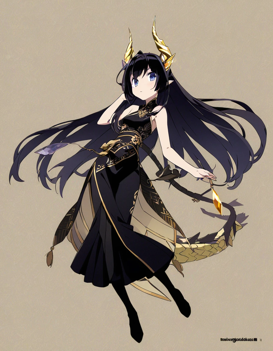 Dragon girl with crystal golden horn Black Hair Full body black
