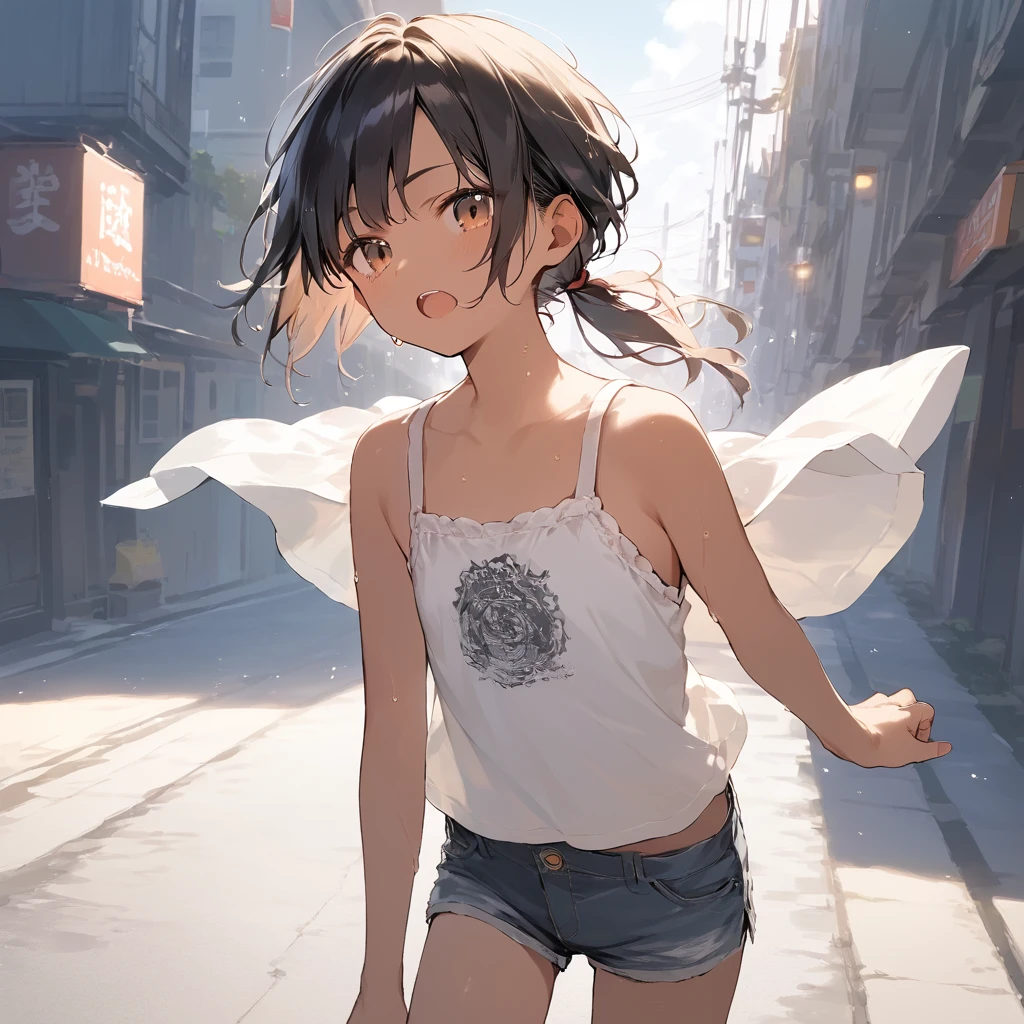score_9, score_8_up, score_7_up, source_anime, best quality, masterpiece,official art, absurdres, highres, waifu2x,Collection: Slice of Life,break,1girl, tomboy, dark-skinned female, short hair, low ponytail, flat chest,  beautiful detailed eyes, short shorts, sweat, open mouth, (yawn:0.3), sleepily, outdoors, wind, break,(clear line illustration:1.2),very high resolution, very aesthetic, super detailed skin, Best sexual lighting powered by famous artist, 8k,cute picture,beauty illustration,photoshop_(medium),,(Detailed Lighting)
