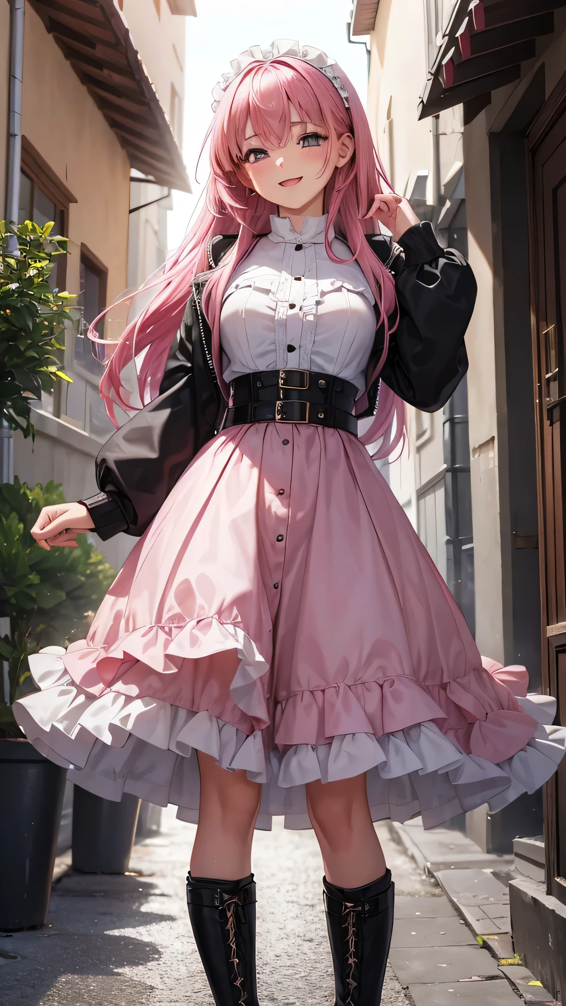 A young 16 year old western girl with vibrant pink hair, parecida a "maria la del barrio" vestida con un abrigo oscuro y una camisa blanca, with a corset and several belts, pantalones cortos negros y medias hasta el muslo, y botas marrones. The girl has her eyes closed and an expression of gratitude and happiness on her face, se alcanzan a ver sus rasgos femeninos pronunciados casi como si estuviera desnuda.