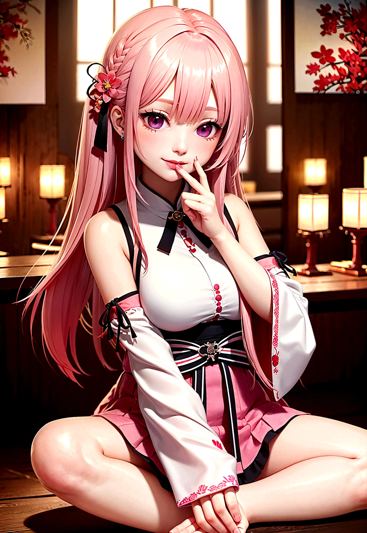 1girl, (ulzzang-6500:0.7), kpop idol, yae miko, detached sleeves, bare shoulders, pink hair, long hair, japanese clothes, best quality, (painting:1.5), (hair ornament:1.35), jewelry, purple eyes, earrings, breasts, torii,  cherry blossoms,  lantern light, depth of field, detailed face, face focus, ribbon_trim, (looking at viewer:1.25), nontraditional miko, shiny skin, long sleeves, smile, thick lips, game cg, hands on lips, east asian architecture, (blurry background:1.2), sitting, upper body,