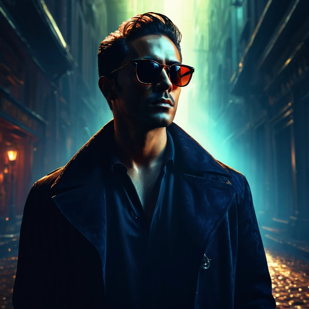 Man with sunglasses, cinematic lighting, high contrast, dramatic atmosphere, dark fantasy, rich colors, digital painting, hyper-detailed, 4k, octane rendering, masterpiece