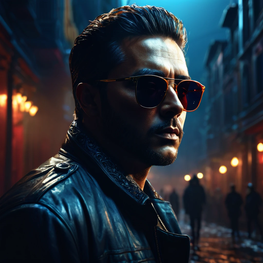Man with sunglasses, cinematic lighting, high contrast, dramatic atmosphere, dark fantasy, rich colors, digital painting, hyper-detailed, 4k, octane rendering, masterpiece