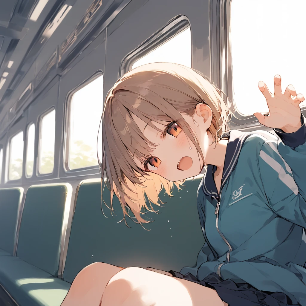 score_9, score_8_up, score_7_up, source_anime, best quality, masterpiece,official art, absurdres, highres, waifu2x, break,1girl, school girl, short hair, small breasts, beautiful detailed eyes,track suit, pleated skirt,sweat, open mouth, (yawn:0.3), sleepily, train, break,(clear line illustration:1.2),very high resolution, very aesthetic, super detailed skin, Best sexual lighting powered by famous artist, 8k,cute picture,beauty illustration,photoshop_(medium),,(Detailed Lighting)
