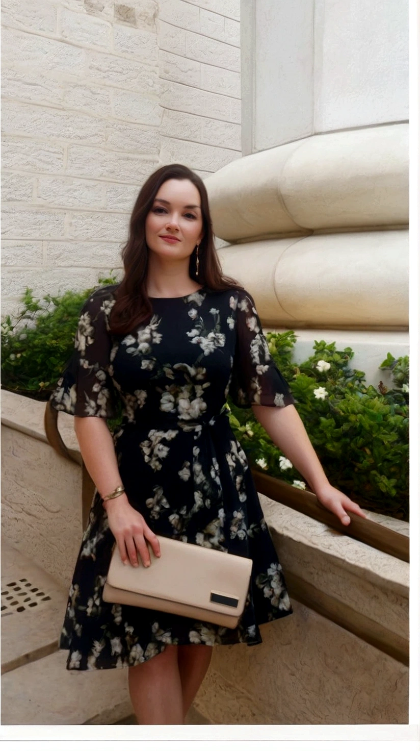 a woman in a floral dress standing on a ledge with a bag, imagem de perfil, vestindo chiton floral, , Foto do perfil, Rosilene Edington