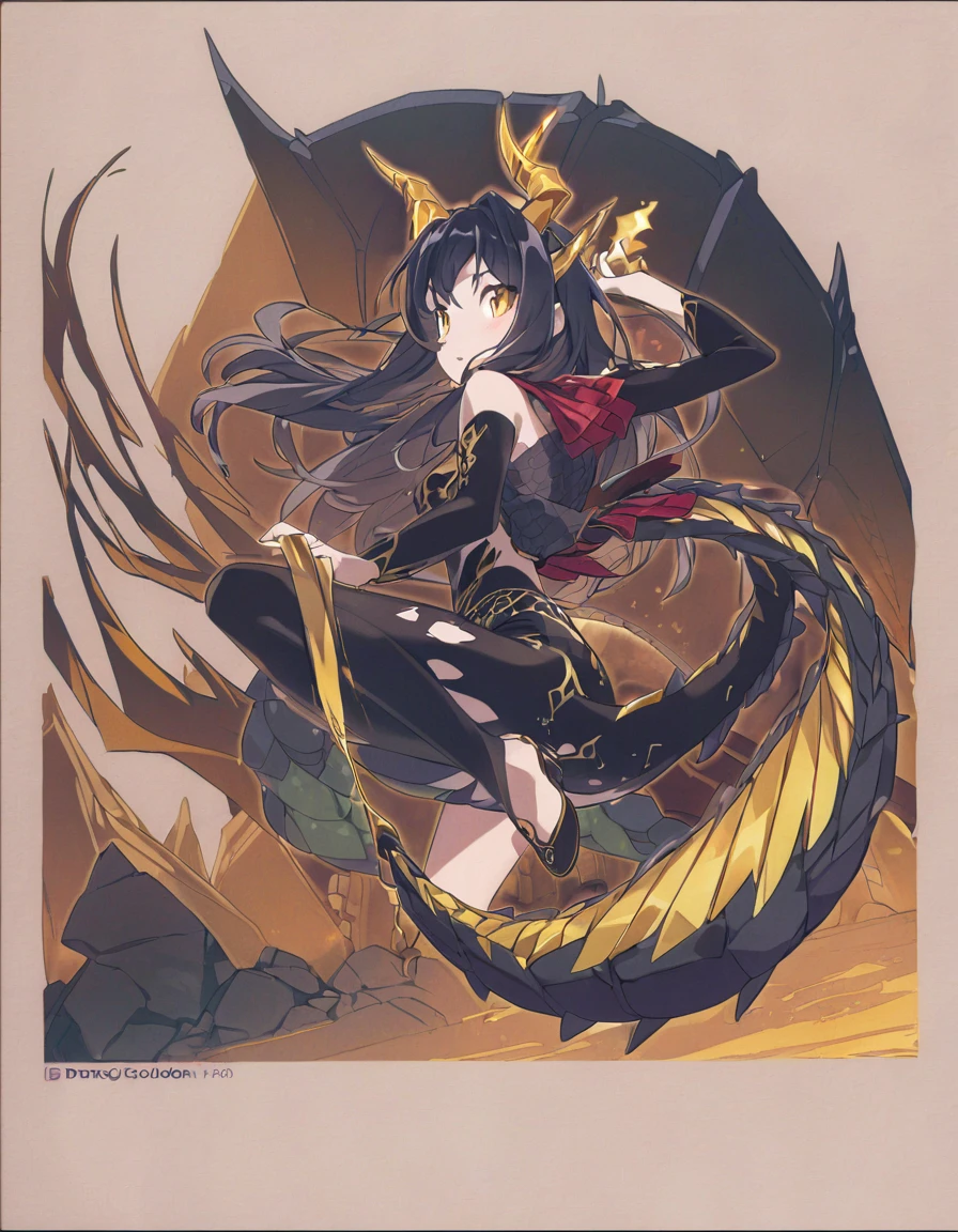 Dragon girl with crystal golden horn Black Hair Dragon's tail