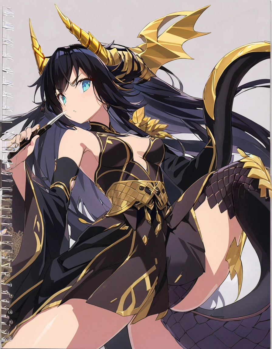 Dragon girl with crystal golden horn Black Hair Dragon's tail