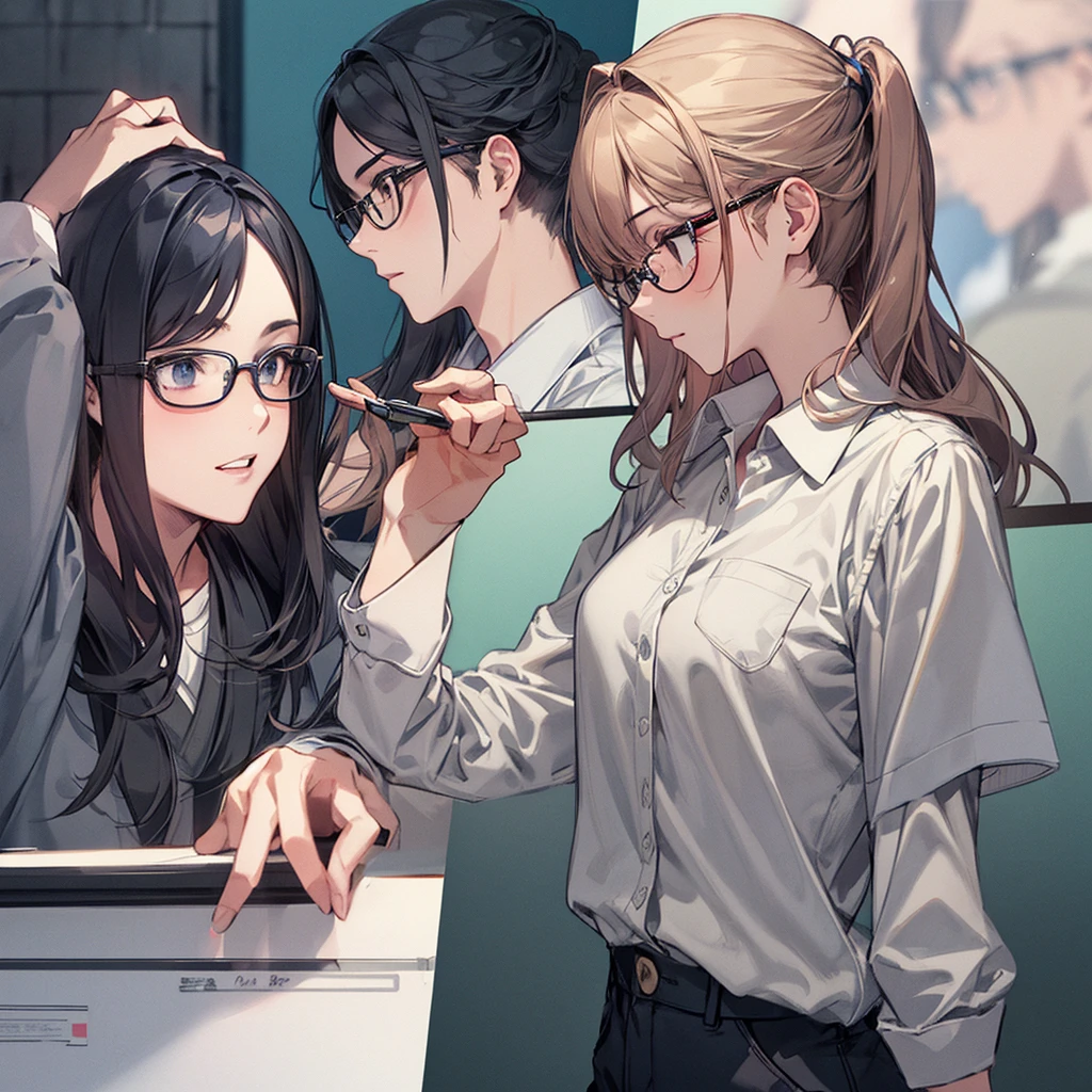 highest quality,masterpiece,beautiful girl,Glasses,,White shirt,Cool profile,Glassesをくいっと上に上げる動作,Zoom in
