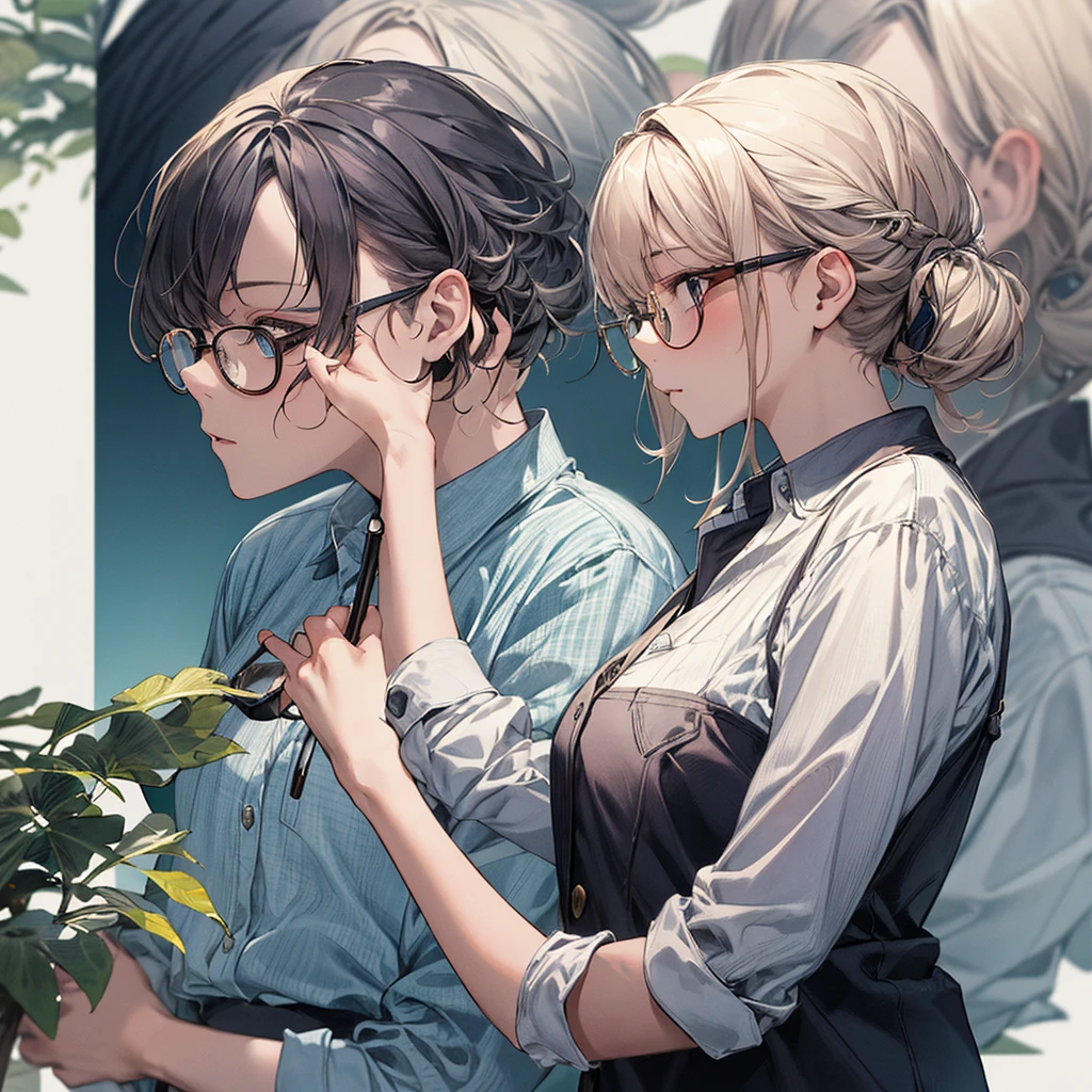 highest quality,masterpiece,beautiful girl,Glasses,,White shirt,Cool profile,Glassesをくいっと上に上げる動作,Zoom in