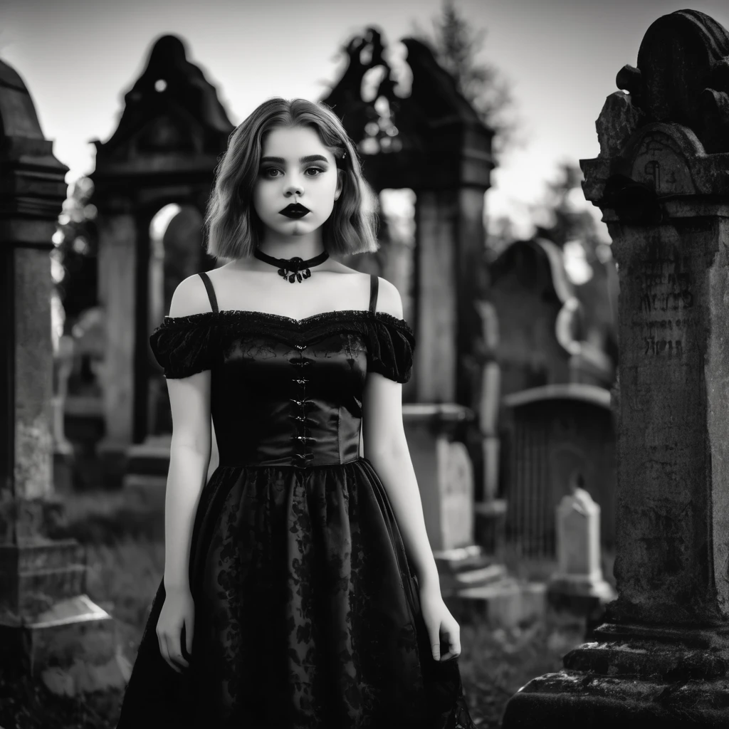 A bit chubby charming pale polish girl wears a Black short shoulderless gothic dress on the spooky graveyard at night. Retro movie style. Black and white. Plan american.