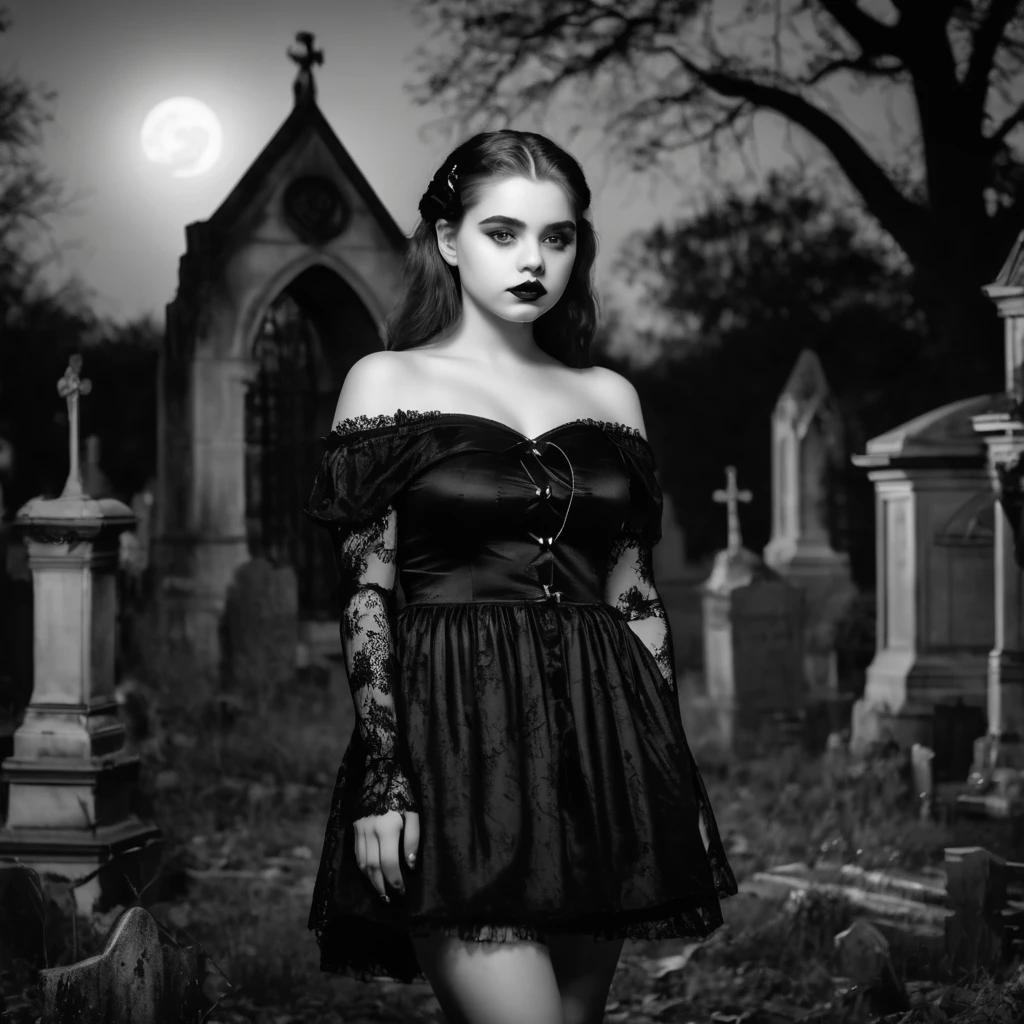 A bit chubby charming pale polish teen girl wears a Black short shoulderless gothic dress on the spooky graveyard at night. Retro movie style. Black and white. Plan american. 