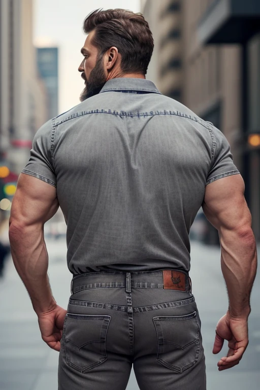 Mature man, very handsome, best quality, shirt formal ((gray jeans), hairy chest , masterpiece, super high resolution, detailed background, reality, , single, 1 boy, muscle man, beard, in the city, muscle, facial hair, volumetric lighting, depth of field, wheezing, raised crotch, handsome action, big dynamics,(((backside))) 